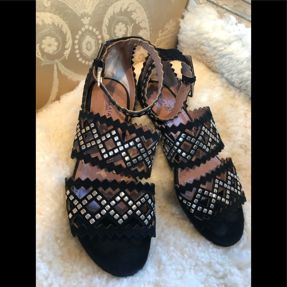 Alaia black suede leather w/ grommets sandals 36